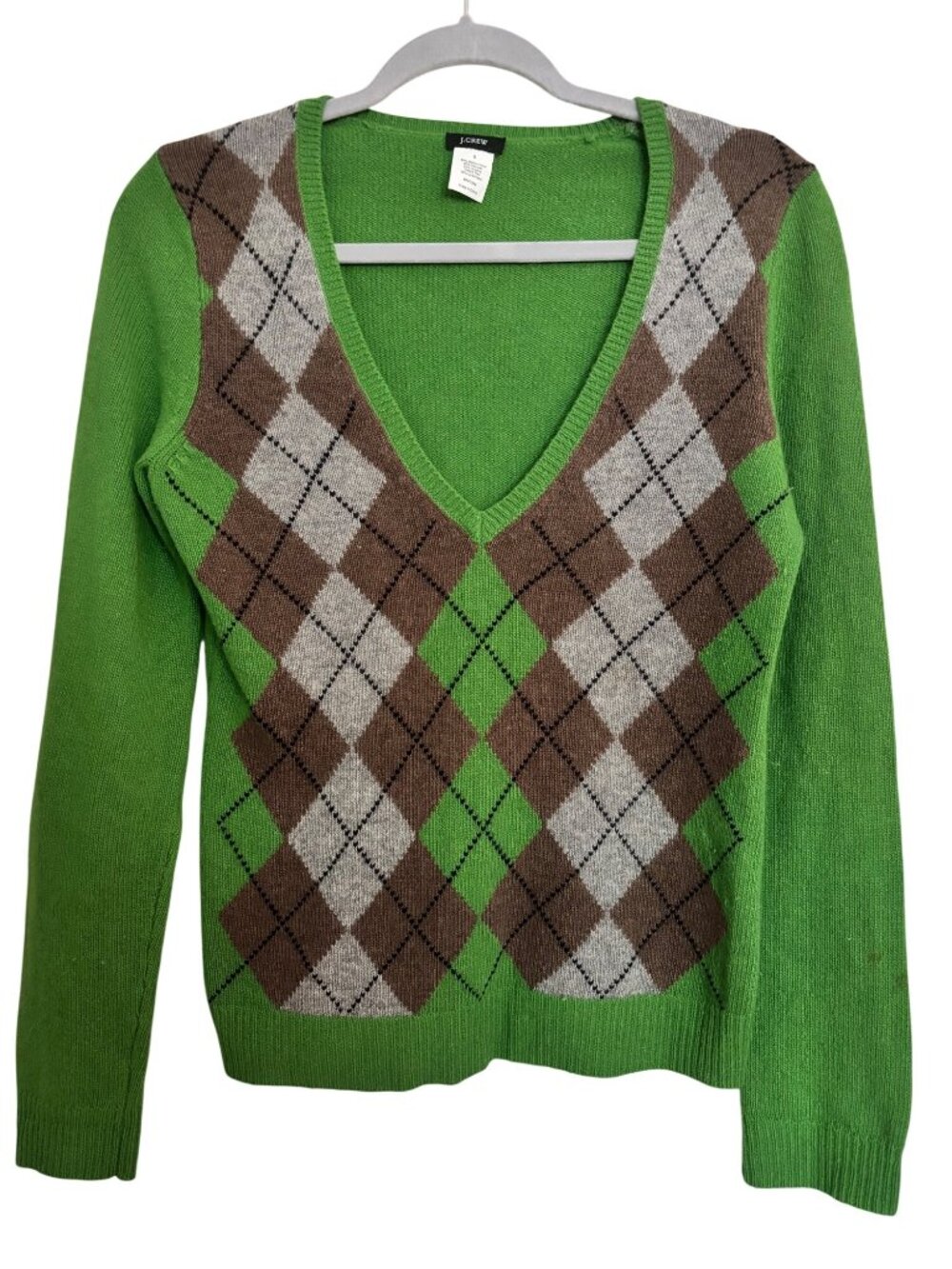 J Crew Wool Cashmere Angora Blend Green Argyle Sweater V-Neck Y2K Size S